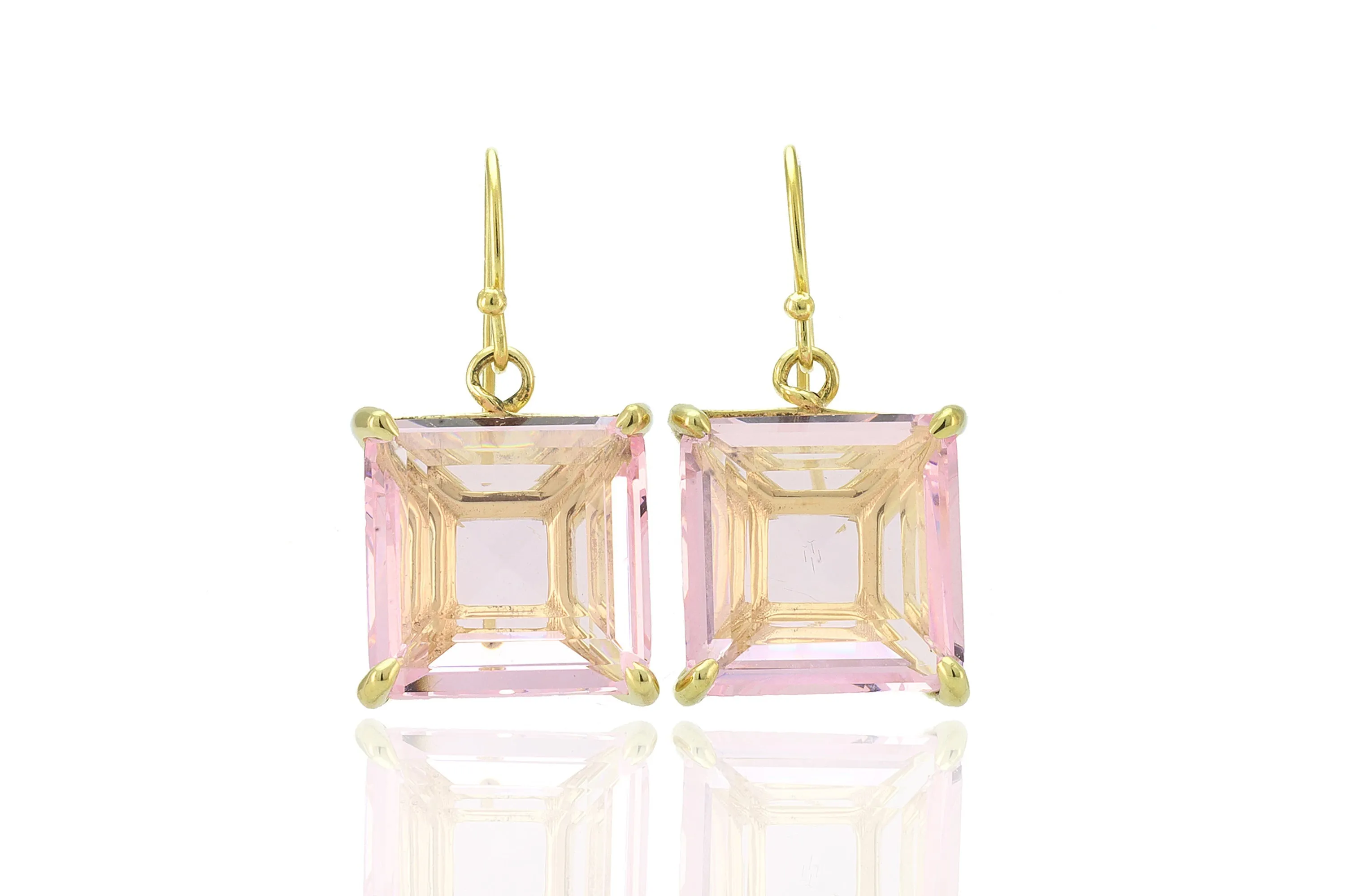 Rose Quartz Square Cut Dangle Gold Earrings
