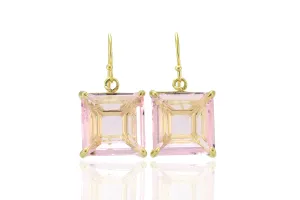 Rose Quartz Square Cut Dangle Gold Earrings