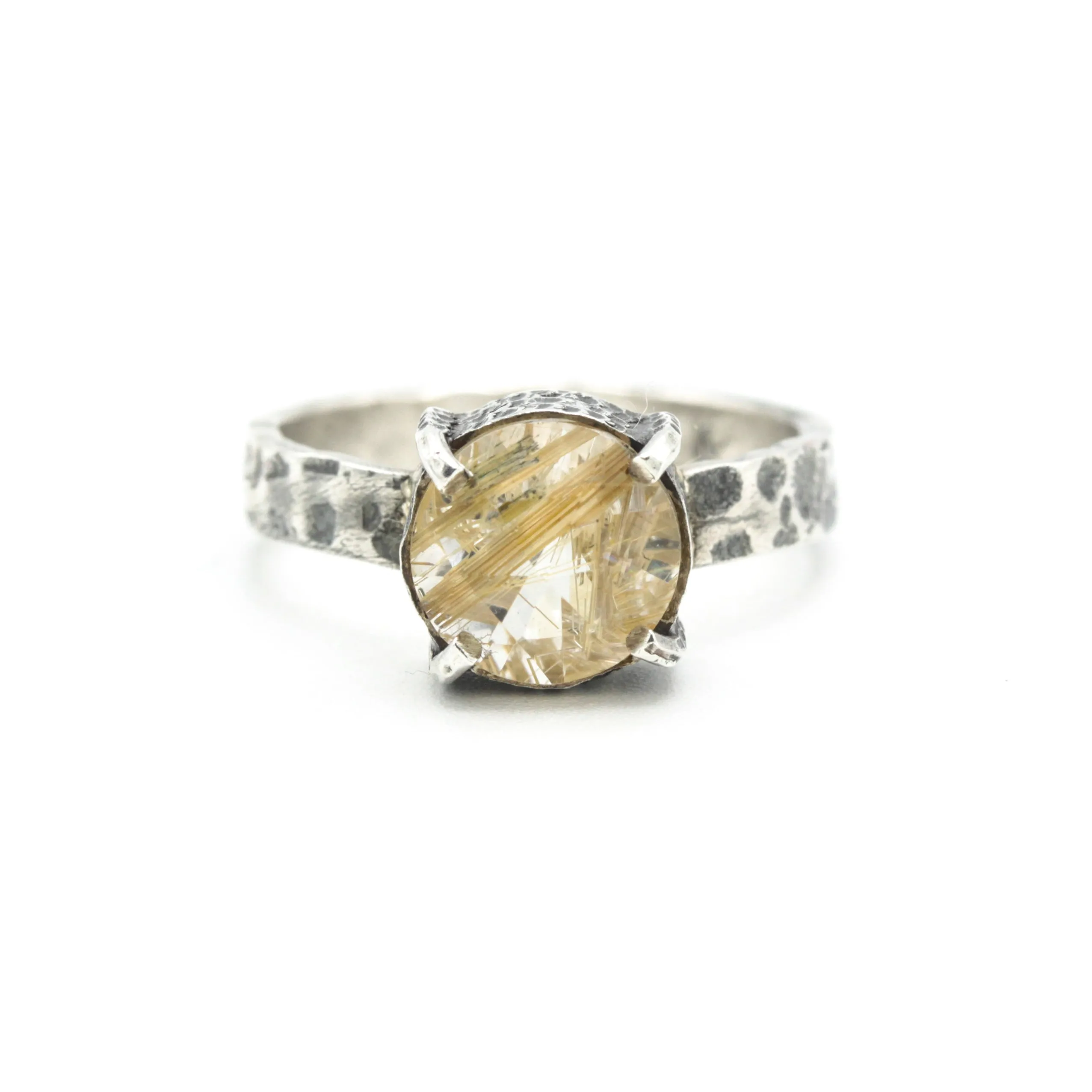 Round faceted golden rutilated quartz ring in silver bezel and prongs setting with sterling silver texture oxidized band