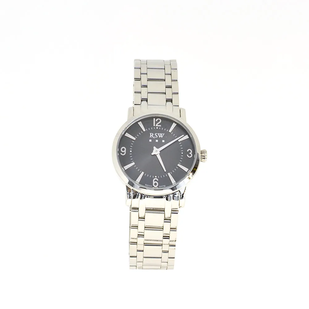 Rsw Ladies Stainless Steel Watch With Metal Bracelet & Black Dial