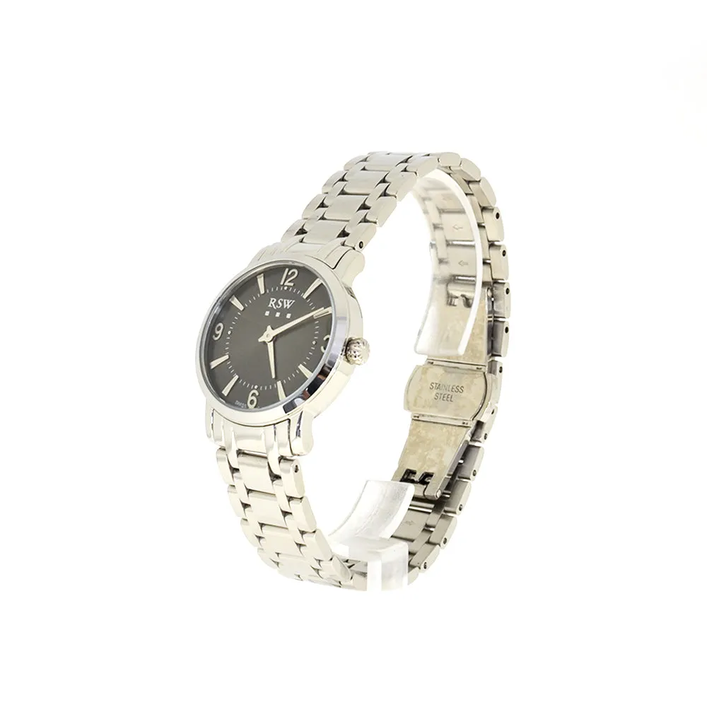Rsw Ladies Stainless Steel Watch With Metal Bracelet & Black Dial