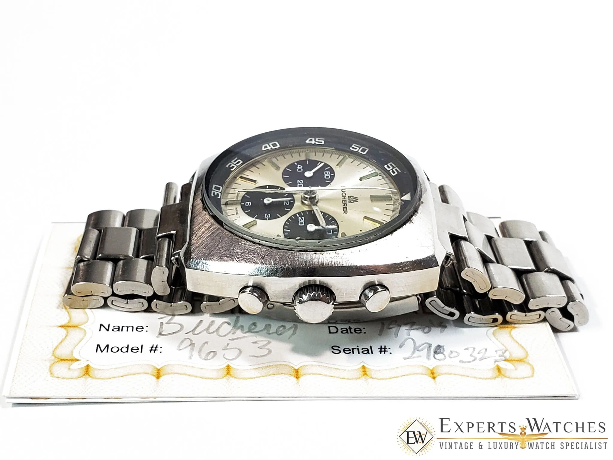Serviced Vintage 1970s Bucherer Chronograph Panda 9653 Diving Soccer Timer Watch