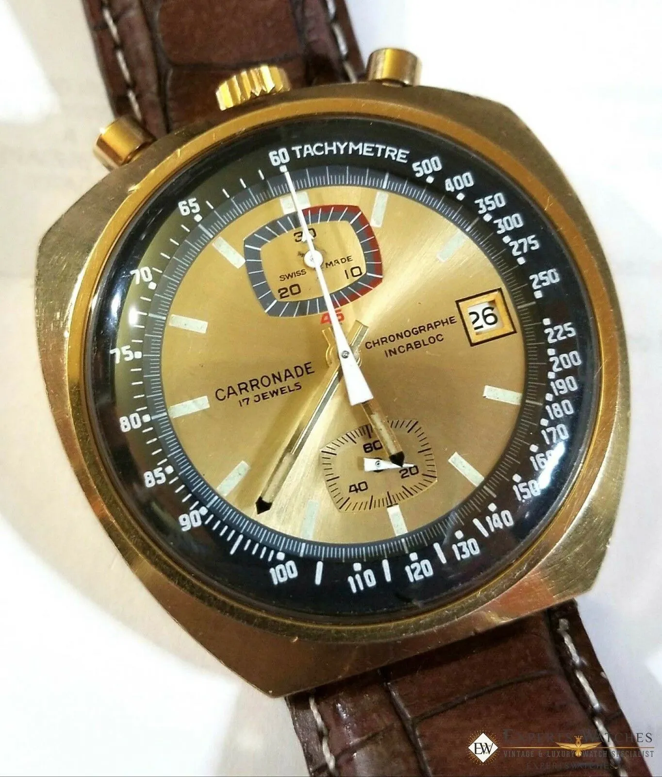 Serviced Vintage Carronade BullHead Chronograph Valjoux 7734 Gold 42.50 mm Watch