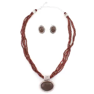 SILVER BROWN SEED BEAD PENDANT EARRING SET  #WS23104S62 (SHBD7)