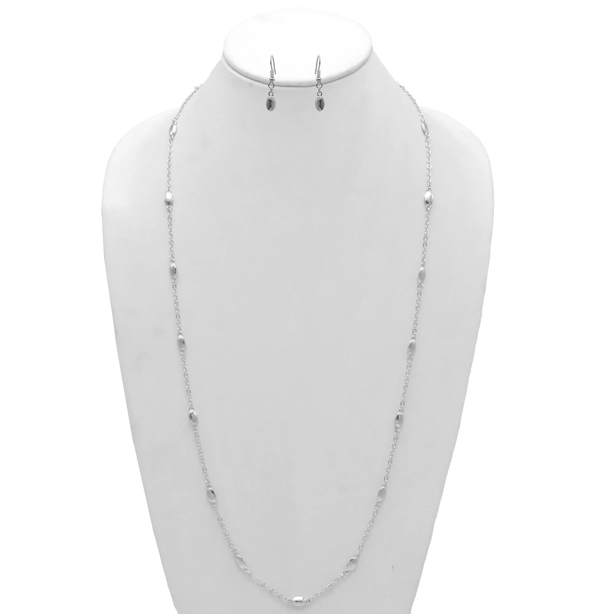SILVER RICE BEAD NECKLACE AND EARRINGS SET #SQHX091602S (ME10)