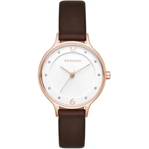 Skagen Anita Brown Leather Strap White Dial Quartz Watch for Ladies - SKW2472