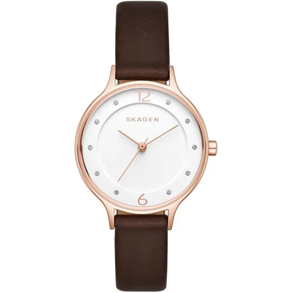 Skagen Anita Brown Leather Strap White Dial Quartz Watch for Ladies - SKW2472