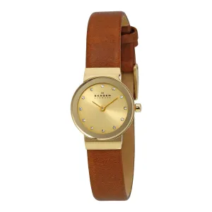 Skagen Freja Gold Dial Brown Saddle Leather Ladies Watch SKW2175