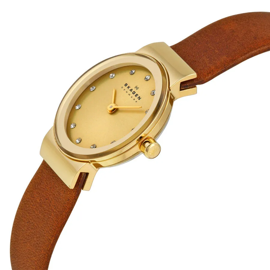 Skagen Freja Gold Dial Brown Saddle Leather Ladies Watch SKW2175