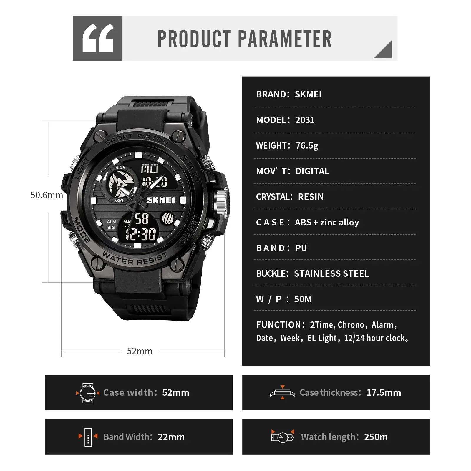 SKMEI Multifunction Dual Time Chrono Date Quartz Watch | SKMEI 2031