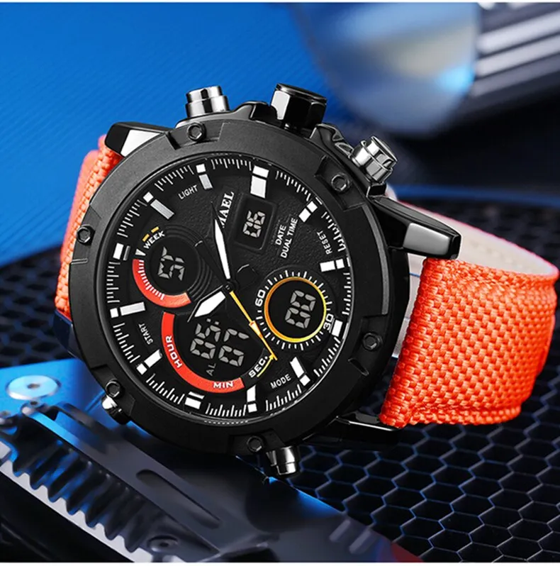 SMAEL Alloy Dial Watch Analog LCD Digital Display Outdoor Men Sport Quartz Movement Date Stopwatch Back Light Nylon Band Watches