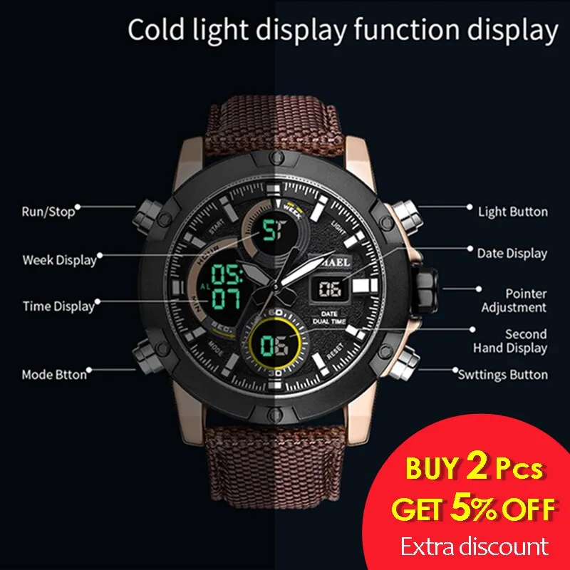 SMAEL Alloy Dial Watch Analog LCD Digital Display Outdoor Men Sport Quartz Movement Date Stopwatch Back Light Nylon Band Watches
