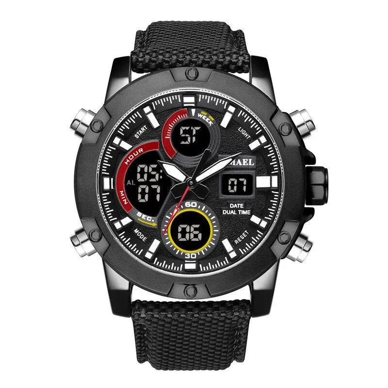SMAEL Alloy Dial Watch Analog LCD Digital Display Outdoor Men Sport Quartz Movement Date Stopwatch Back Light Nylon Band Watches