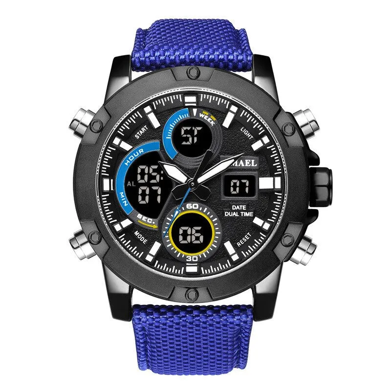 SMAEL Alloy Dial Watch Analog LCD Digital Display Outdoor Men Sport Quartz Movement Date Stopwatch Back Light Nylon Band Watches