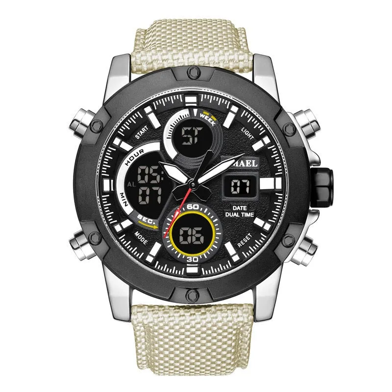 SMAEL Alloy Dial Watch Analog LCD Digital Display Outdoor Men Sport Quartz Movement Date Stopwatch Back Light Nylon Band Watches