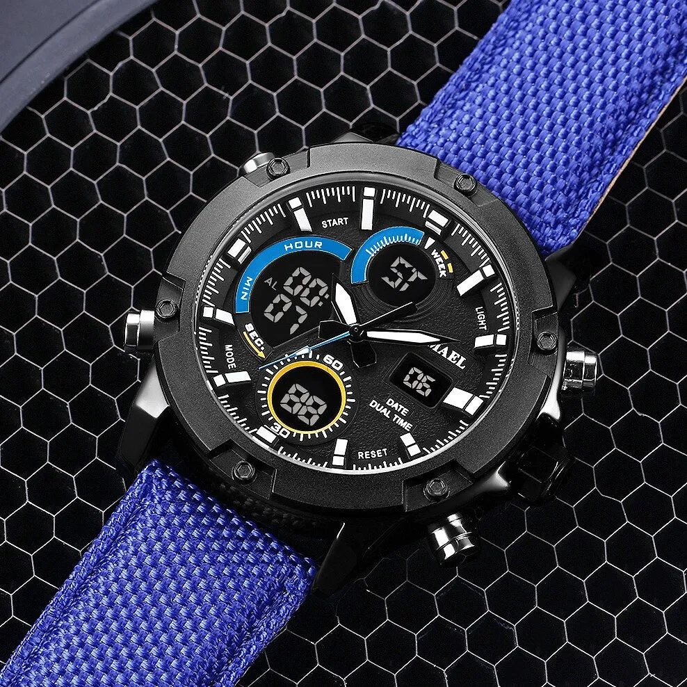 SMAEL Alloy Dial Watch Analog LCD Digital Display Outdoor Men Sport Quartz Movement Date Stopwatch Back Light Nylon Band Watches