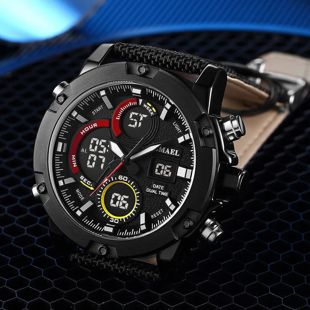 SMAEL Alloy Dial Watch Analog LCD Digital Display Outdoor Men Sport Quartz Movement Date Stopwatch Back Light Nylon Band Watches