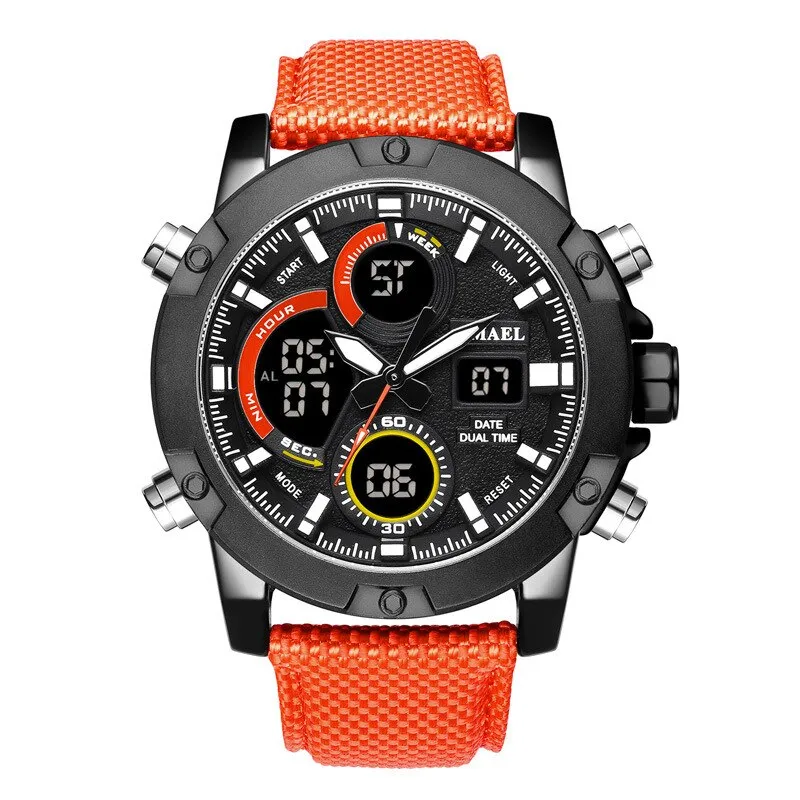 SMAEL Alloy Dial Watch Analog LCD Digital Display Outdoor Men Sport Quartz Movement Date Stopwatch Back Light Nylon Band Watches