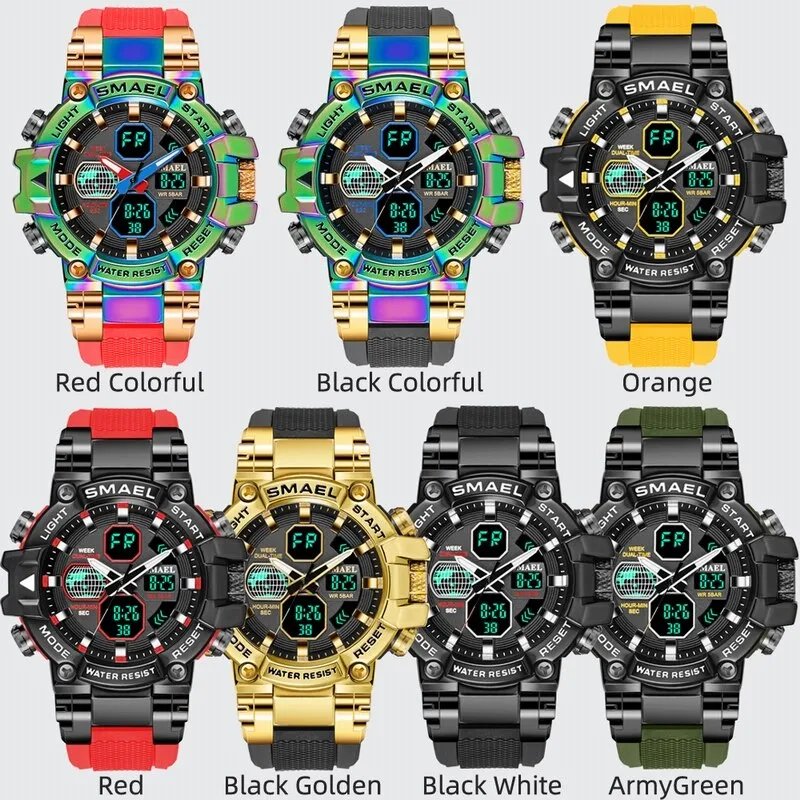 SMAEL Brand Men&#39;s Sports Fashion Fitness Watch Dual Display Analog Digital Wristwatches Men Waterproof Colorful Military Watches