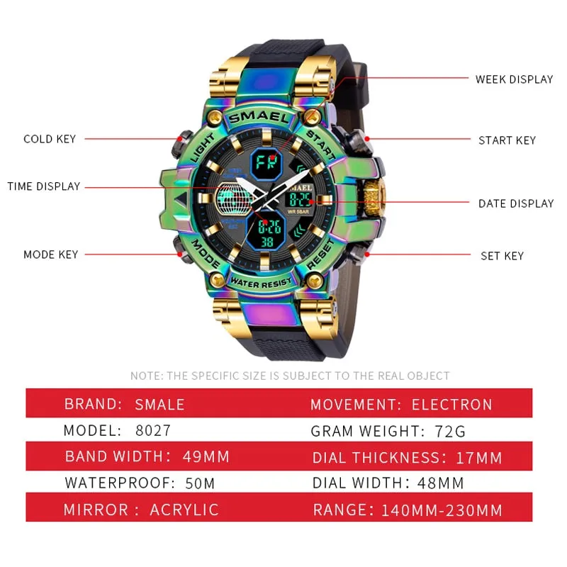 SMAEL Brand Men&#39;s Sports Fashion Fitness Watch Dual Display Analog Digital Wristwatches Men Waterproof Colorful Military Watches