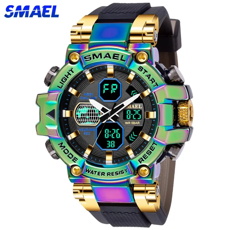 SMAEL Brand Men&#39;s Sports Fashion Fitness Watch Dual Display Analog Digital Wristwatches Men Waterproof Colorful Military Watches