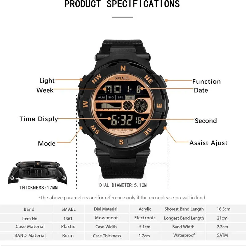 SMAEL Brand Mens Sports Watches Waterproof Digital LED Military Watch Men Fashion Casual Electronics Wristwatches Digital Clock