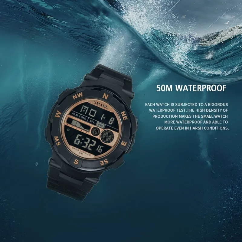 SMAEL Brand Mens Sports Watches Waterproof Digital LED Military Watch Men Fashion Casual Electronics Wristwatches Digital Clock