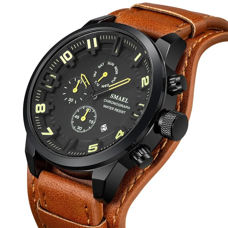 SMAEL Casual Sport Watches Men Top Brand Luxury Fashion Business Chronograph Leather Quartz Watch Date Waterproof Wristwatch