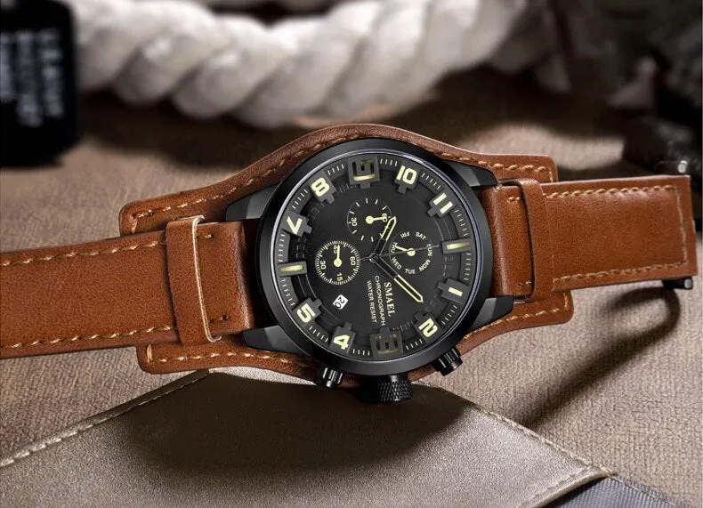 SMAEL Casual Sport Watches Men Top Brand Luxury Fashion Business Chronograph Leather Quartz Watch Date Waterproof Wristwatch