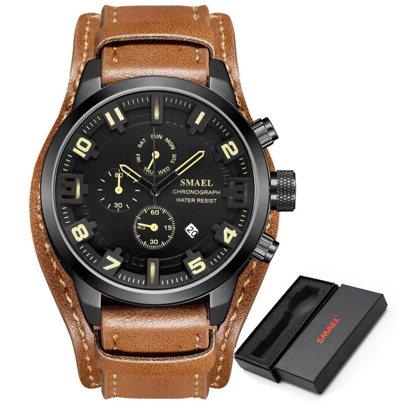 SMAEL Casual Sport Watches Men Top Brand Luxury Fashion Business Chronograph Leather Quartz Watch Date Waterproof Wristwatch