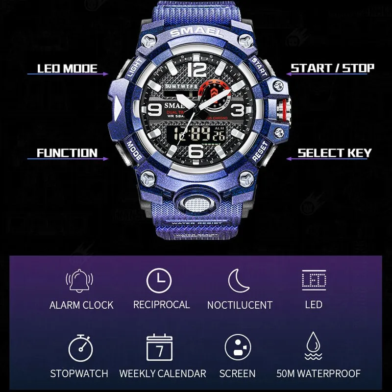 SMAEL Digital Men Military Watches Dual Time Waterproof Luxury Top Brand Watch Men&#39;s Sports LED Quartz Analog Wristwatches Male