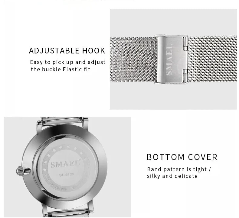 SMAEL Fashion Ultra-thin Mens Watches Waterproof Steel Mesh Belt Slim Quartz Watch Men Luxury Brand Classic Business Wristwatch