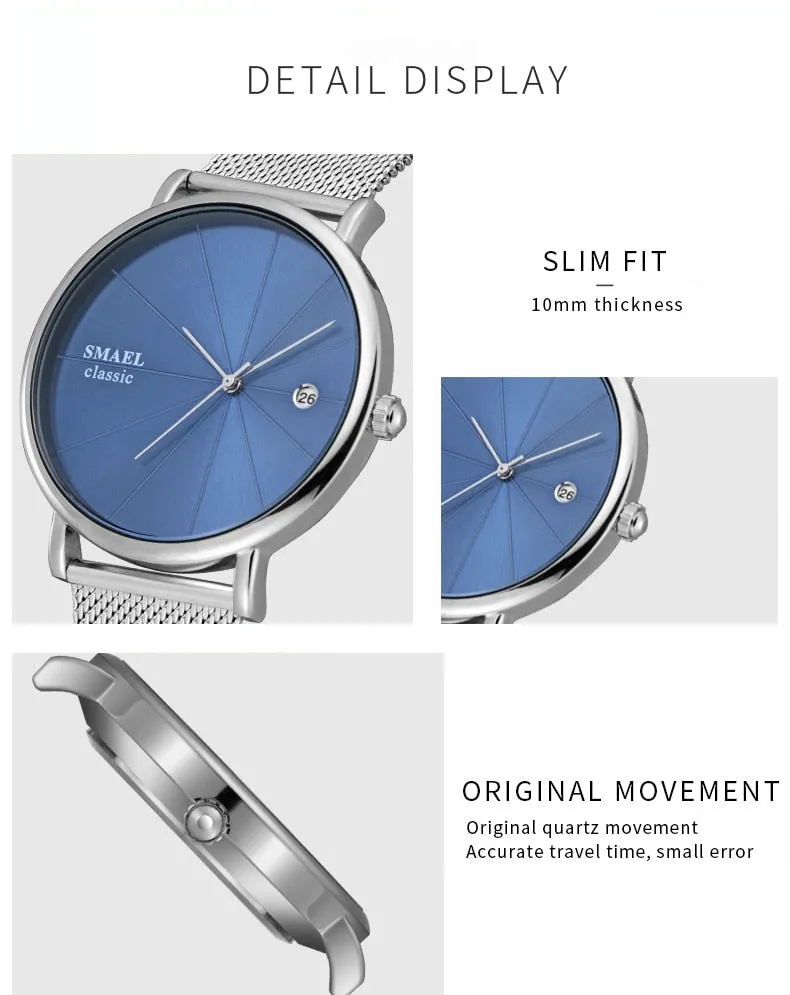 SMAEL Fashion Ultra-thin Mens Watches Waterproof Steel Mesh Belt Slim Quartz Watch Men Luxury Brand Classic Business Wristwatch