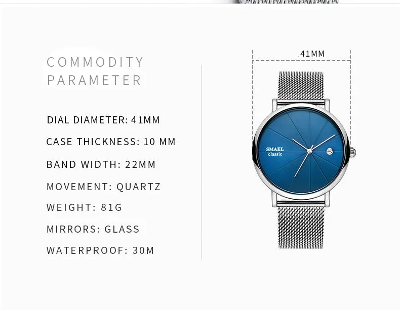 SMAEL Fashion Ultra-thin Mens Watches Waterproof Steel Mesh Belt Slim Quartz Watch Men Luxury Brand Classic Business Wristwatch