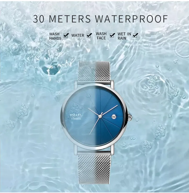 SMAEL Fashion Ultra-thin Mens Watches Waterproof Steel Mesh Belt Slim Quartz Watch Men Luxury Brand Classic Business Wristwatch