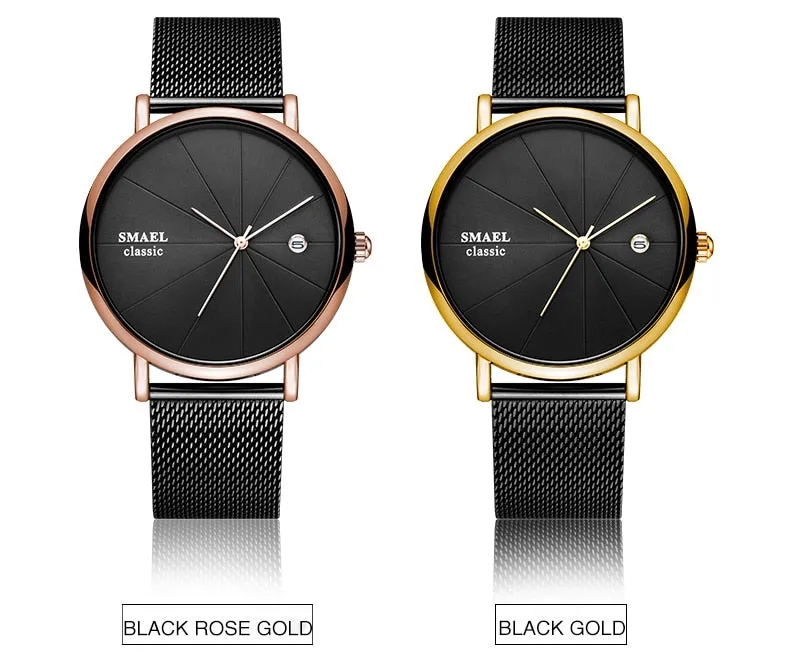 SMAEL Fashion Ultra-thin Mens Watches Waterproof Steel Mesh Belt Slim Quartz Watch Men Luxury Brand Classic Business Wristwatch