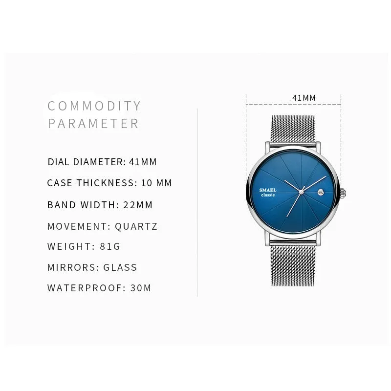 SMAEL Fashion Ultra-thin Mens Watches Waterproof Steel Mesh Belt Slim Quartz Watch Men Luxury Brand Classic Business Wristwatch