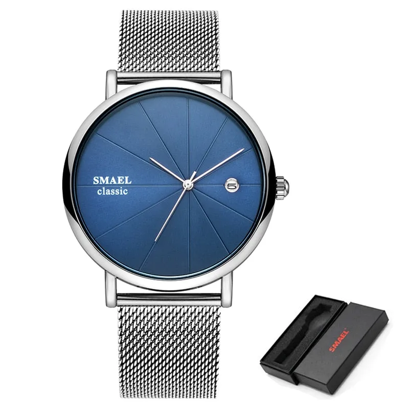 SMAEL Fashion Ultra-thin Mens Watches Waterproof Steel Mesh Belt Slim Quartz Watch Men Luxury Brand Classic Business Wristwatch