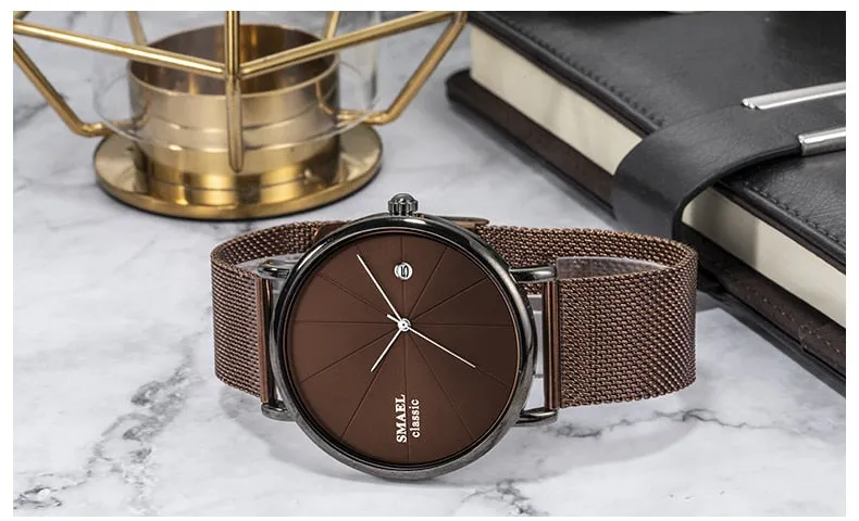 SMAEL Fashion Ultra-thin Mens Watches Waterproof Steel Mesh Belt Slim Quartz Watch Men Luxury Brand Classic Business Wristwatch