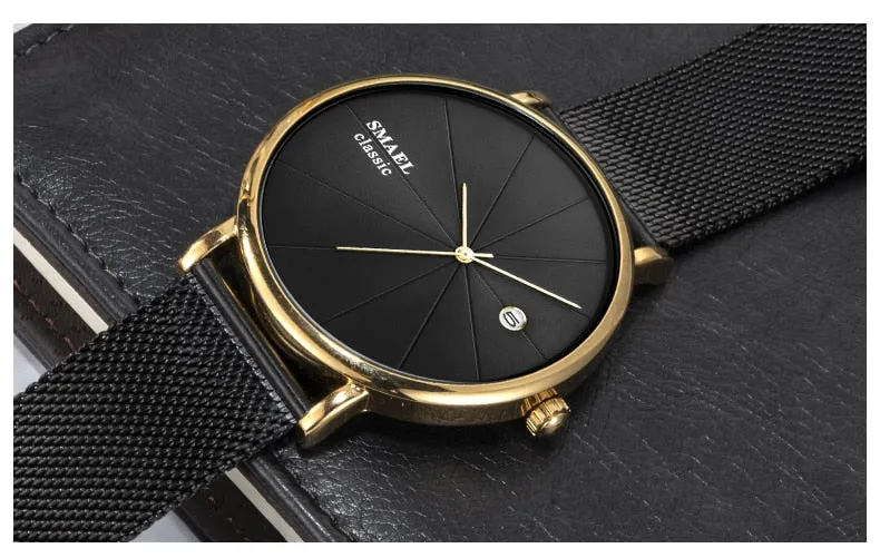 SMAEL Fashion Ultra-thin Mens Watches Waterproof Steel Mesh Belt Slim Quartz Watch Men Luxury Brand Classic Business Wristwatch
