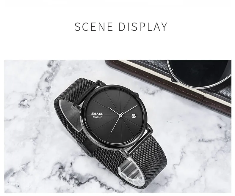 SMAEL Fashion Ultra-thin Mens Watches Waterproof Steel Mesh Belt Slim Quartz Watch Men Luxury Brand Classic Business Wristwatch