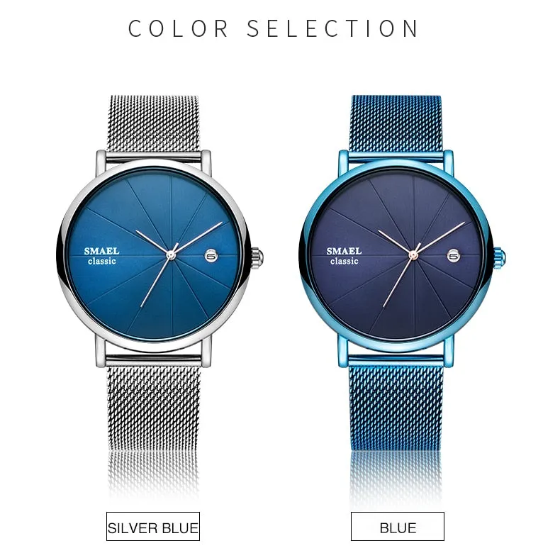 SMAEL Fashion Ultra-thin Mens Watches Waterproof Steel Mesh Belt Slim Quartz Watch Men Luxury Brand Classic Business Wristwatch