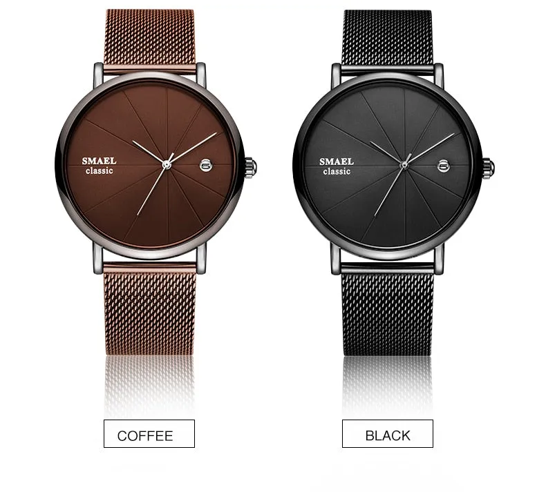 SMAEL Fashion Ultra-thin Mens Watches Waterproof Steel Mesh Belt Slim Quartz Watch Men Luxury Brand Classic Business Wristwatch