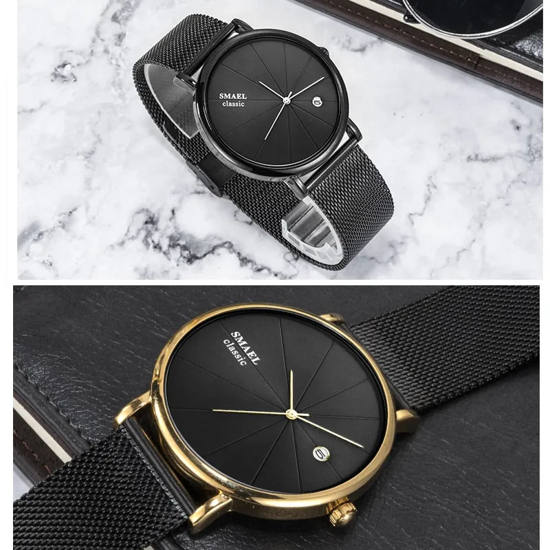 SMAEL Fashion Ultra-thin Mens Watches Waterproof Steel Mesh Belt Slim Quartz Watch Men Luxury Brand Classic Business Wristwatch