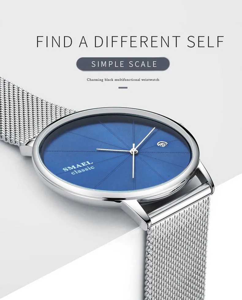 SMAEL Fashion Ultra-thin Mens Watches Waterproof Steel Mesh Belt Slim Quartz Watch Men Luxury Brand Classic Business Wristwatch