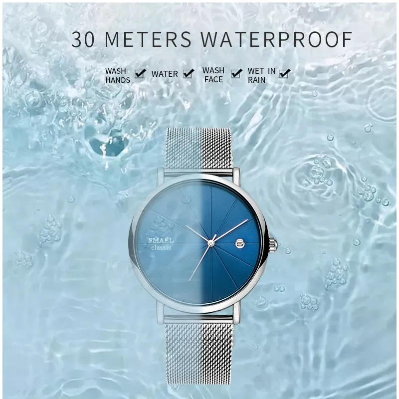 SMAEL Fashion Ultra-thin Mens Watches Waterproof Steel Mesh Belt Slim Quartz Watch Men Luxury Brand Classic Business Wristwatch