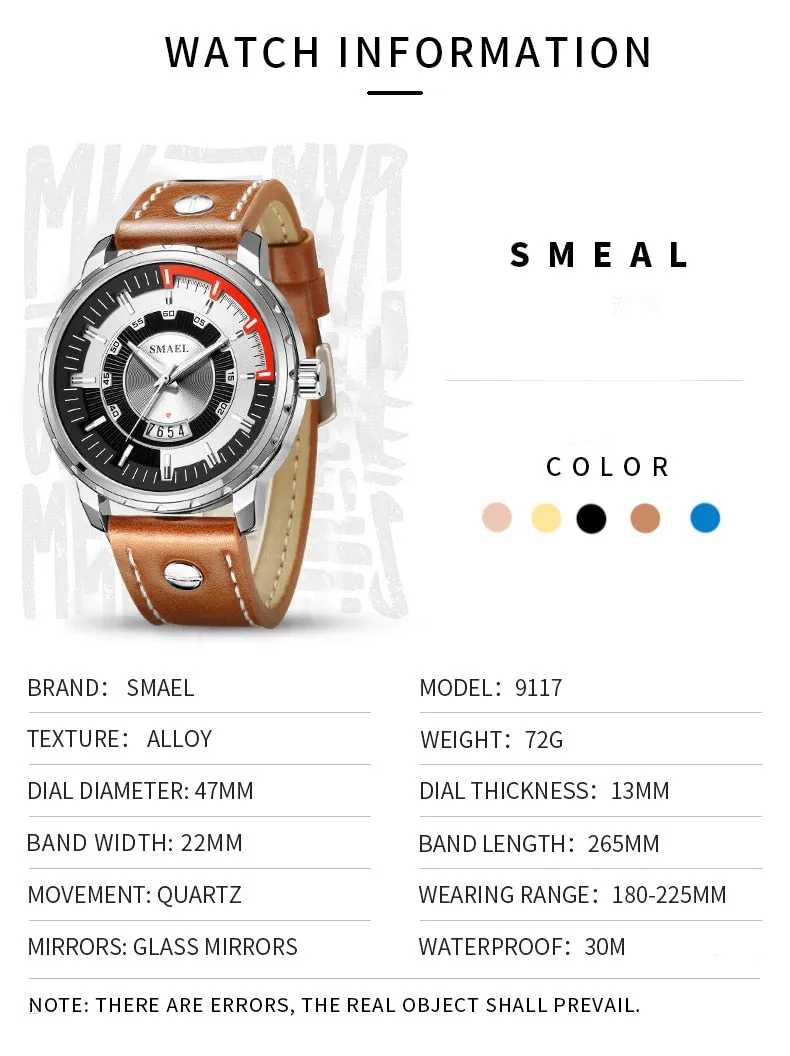 SMAEL Luxury Brand Mens Sport Watch Casual Leather Waterproof Quartz Watches Men Date Military Wristwatches relogio masculino