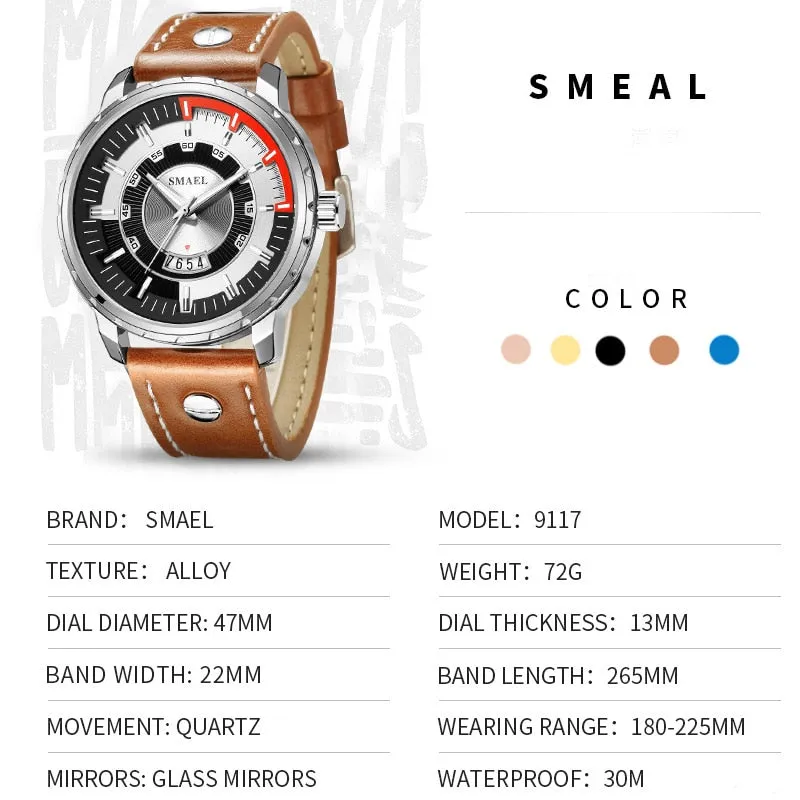 SMAEL Luxury Brand Mens Sport Watch Casual Leather Waterproof Quartz Watches Men Date Military Wristwatches relogio masculino