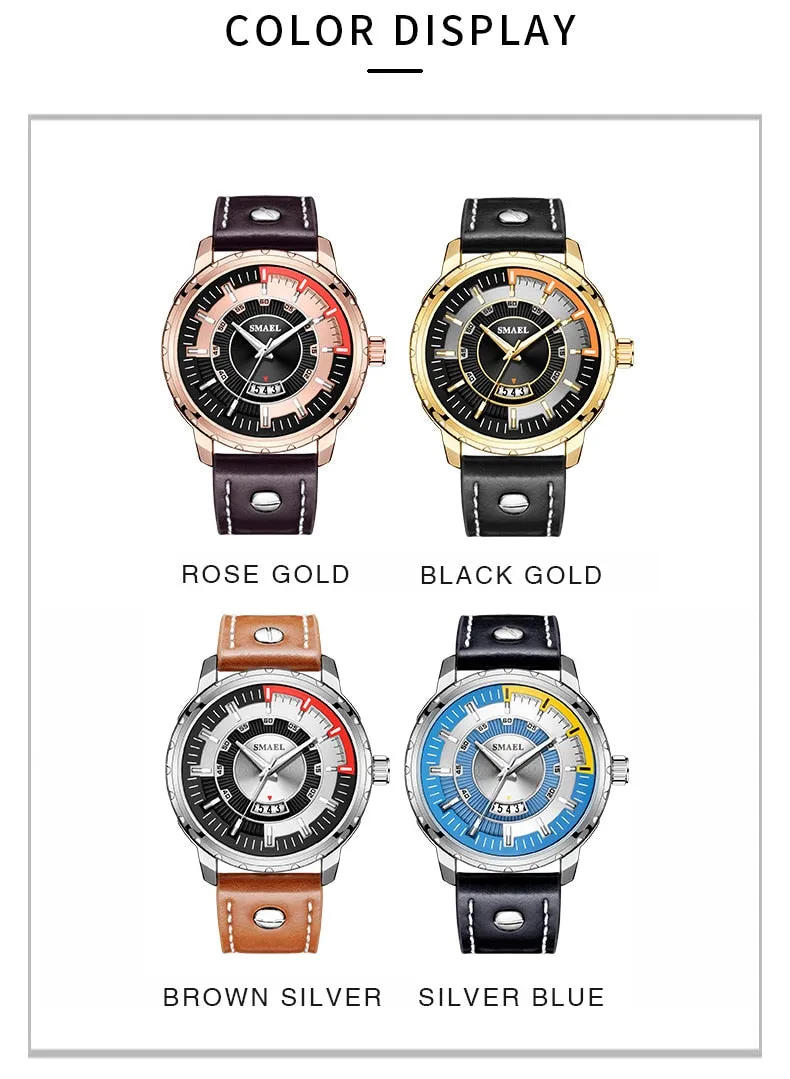 SMAEL Luxury Brand Mens Sport Watch Casual Leather Waterproof Quartz Watches Men Date Military Wristwatches relogio masculino