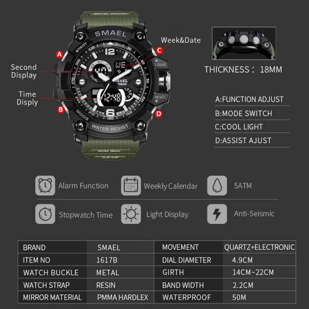 SMAEL Men Military Watch 50m Waterproof Wristwatch LED Quartz Clock Male relogios masculino 1617 Digital Sports Watches Men&#39;s